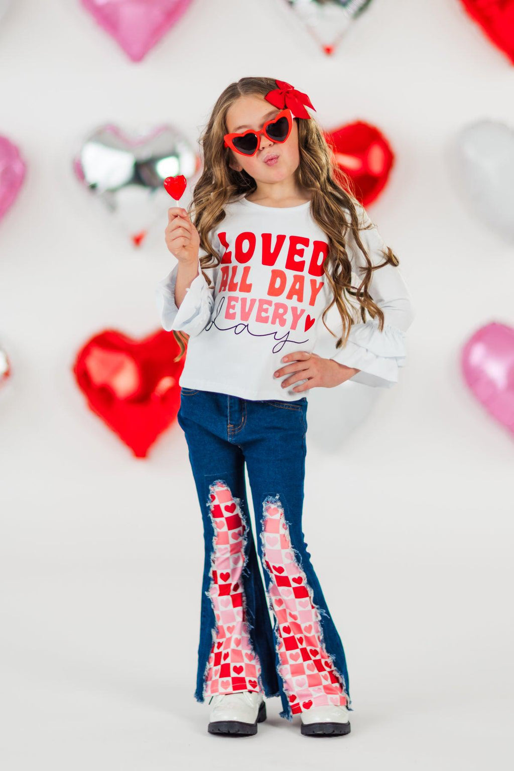 "Loved All Day Every Day" Denim Flare Set | Sparkle in Pink