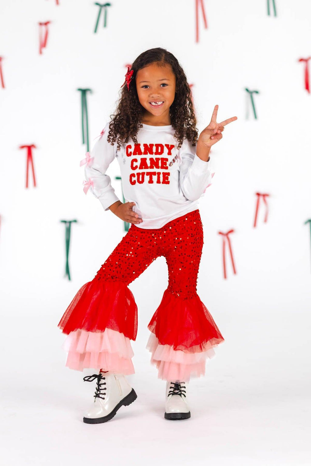 "Candy Cane Cutie" Sequin Bow Bell Bottom Set