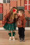 Green Gingerbread Tutu Skirt Set - 6-12 Months - Green tulle tutu skirt with gold star and gingerbread print paired with brown gingerbread sweater.