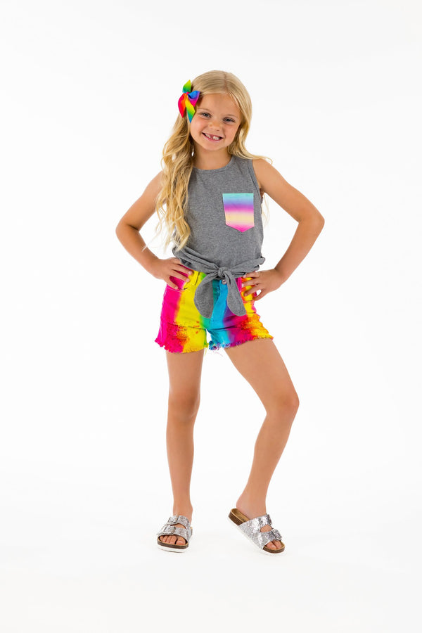 Gray & Rainbow Denim Short Set - Sparkle in Pink