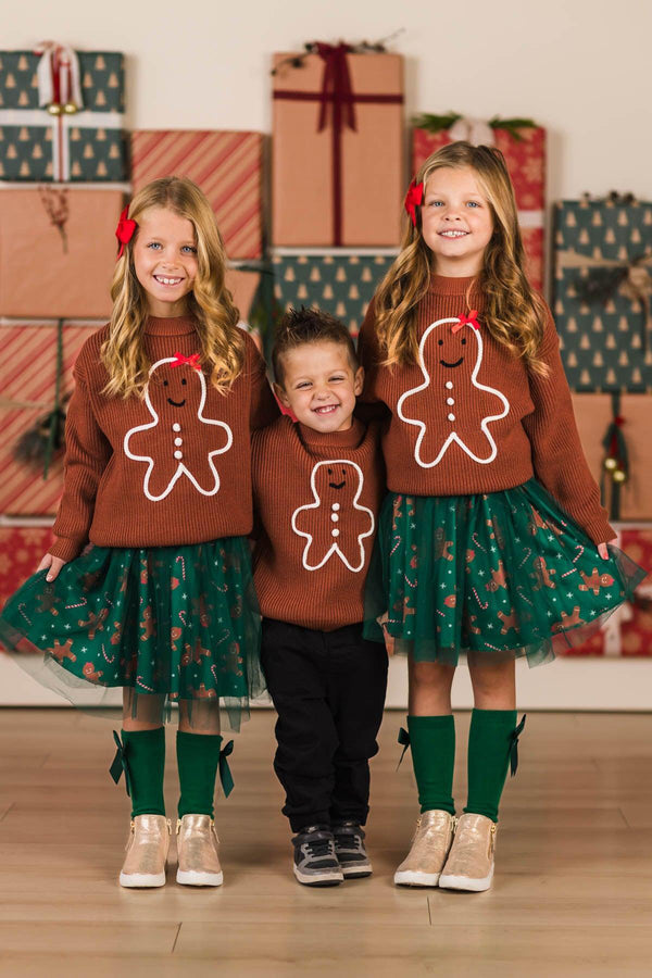 Green Gingerbread Tutu Skirt Set - 6-12 Months - Brown long-sleeve tops with gingerbread appliques paired with green tutus featuring gold star patterns and matching green.