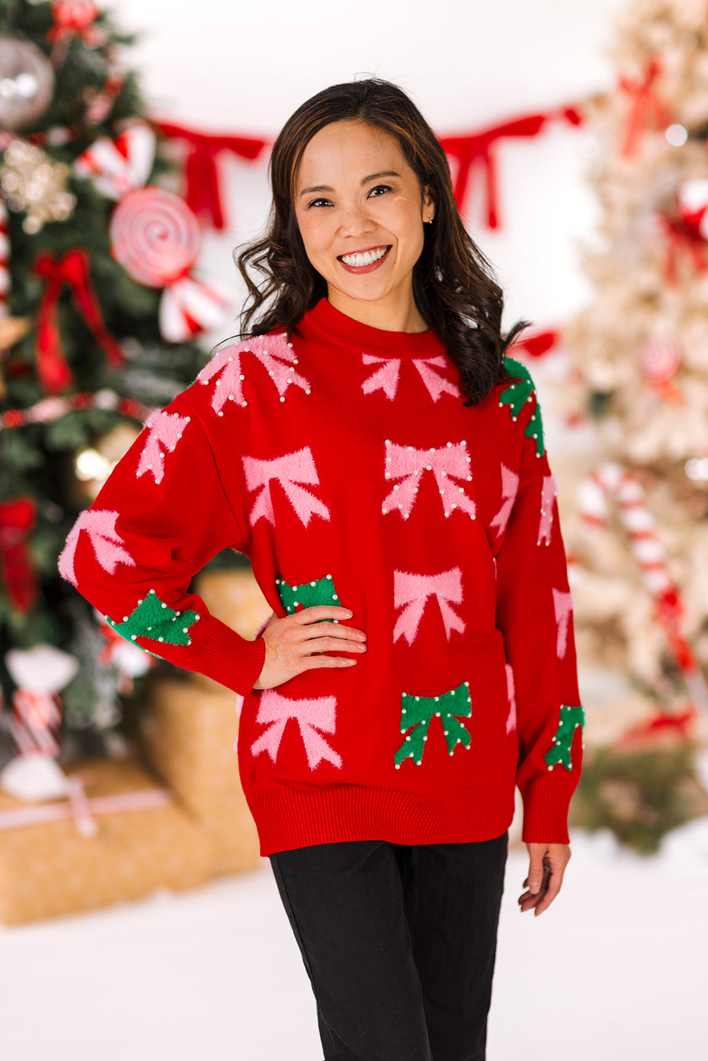 Mom & Me - Pink & Green Pearl Bow Sweater