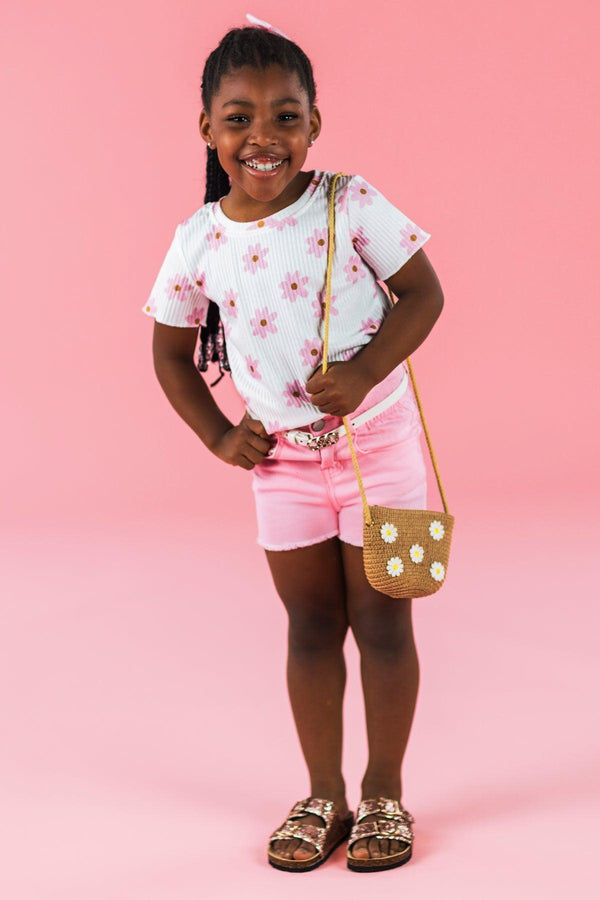 White & Pink Flower Print Denim Short Set | Sparkle in Pink