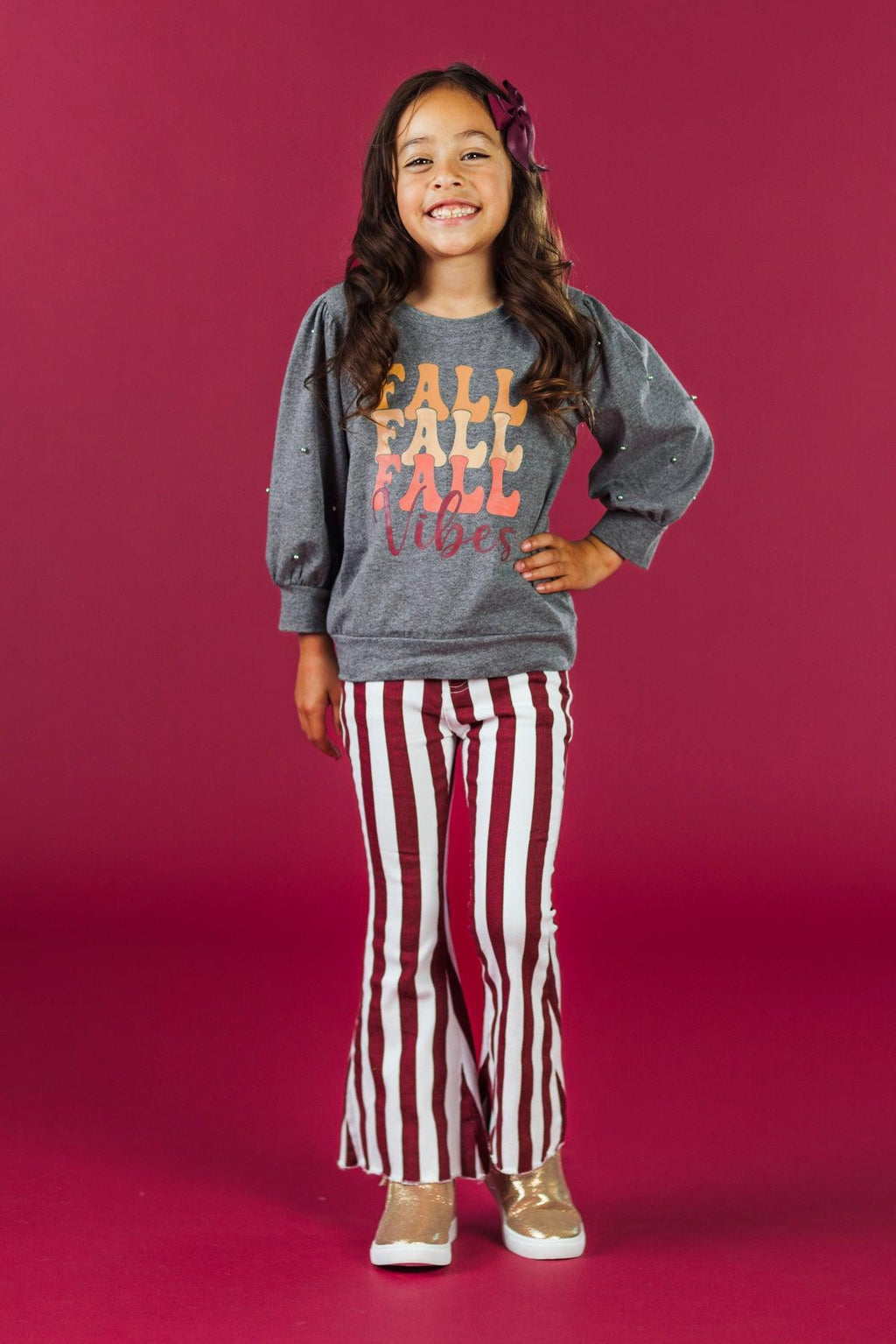 "Fall Vibes" Burgundy Striped Bell Bottom Set | Sparkle in Pink