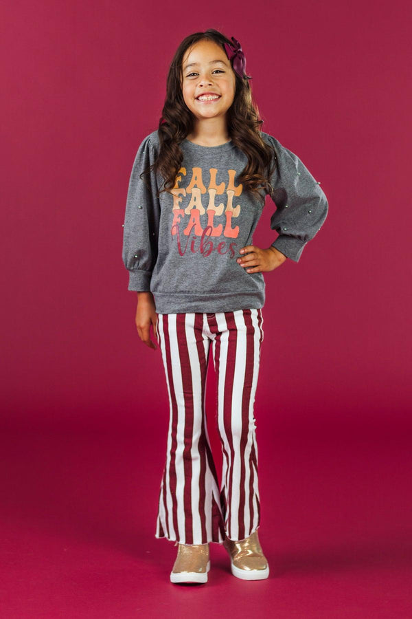 "Fall Vibes" Burgundy Striped Bell Bottom Set