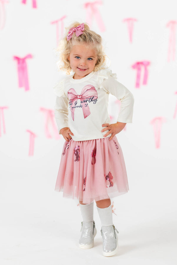 "She Is Worthy" Sequin Bow Tutu Skirt Set