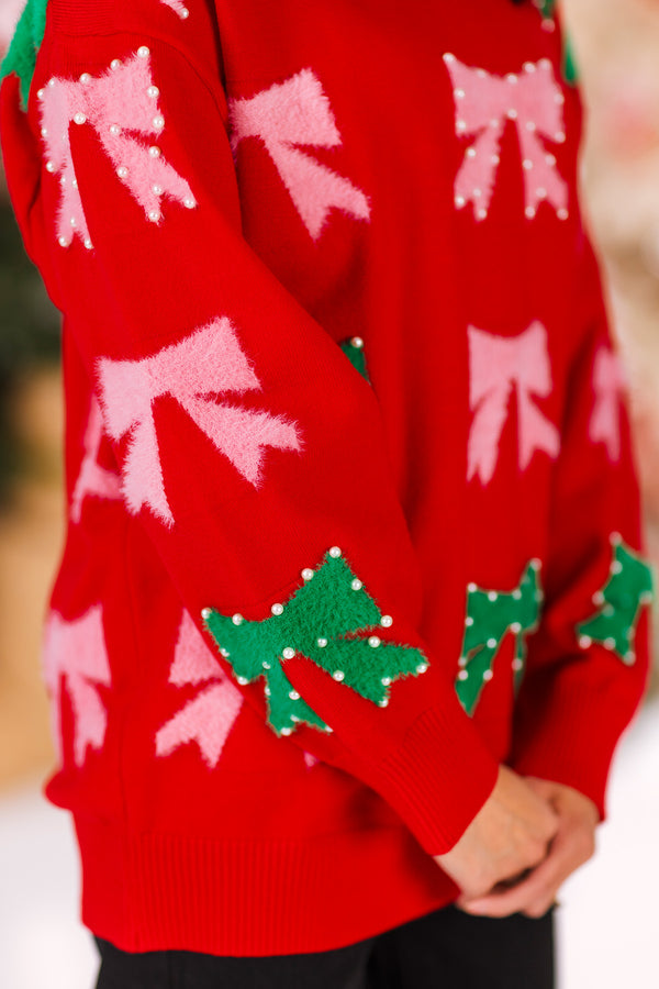 Mom & Me - Pink & Green Pearl Bow Sweater