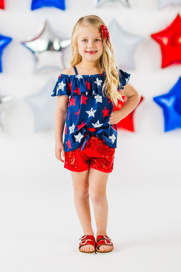 Navy & Red Stars Sequin Short Set | Sparkle in Pink