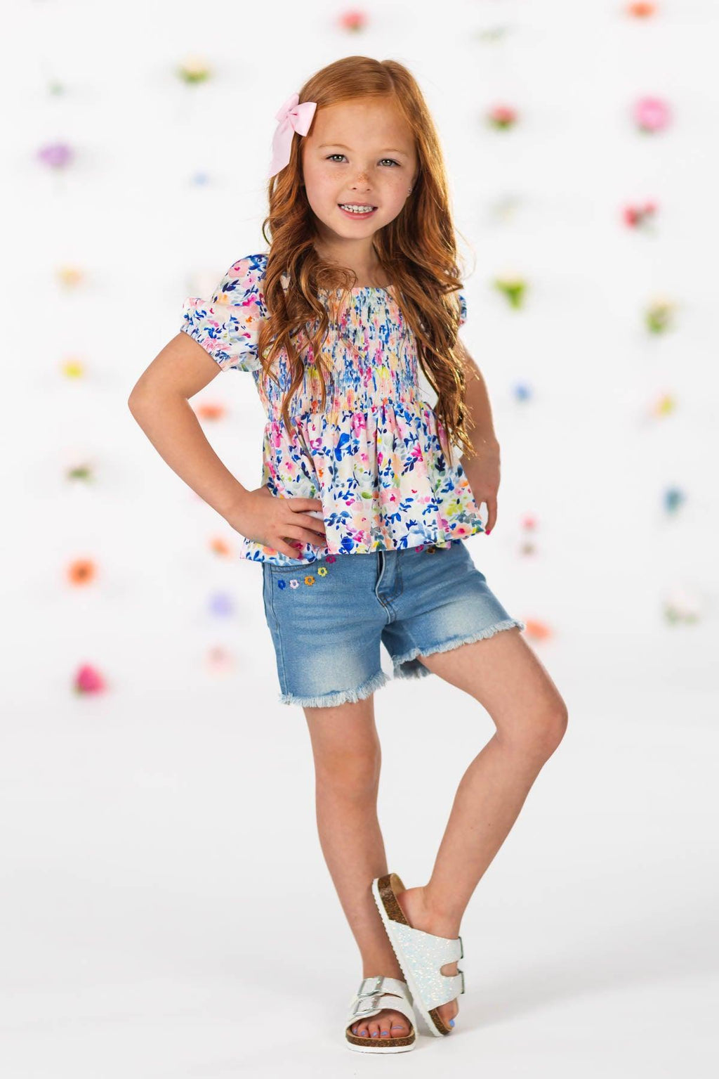 Floral Watercolor Denim Short Set | Sparkle in Pink