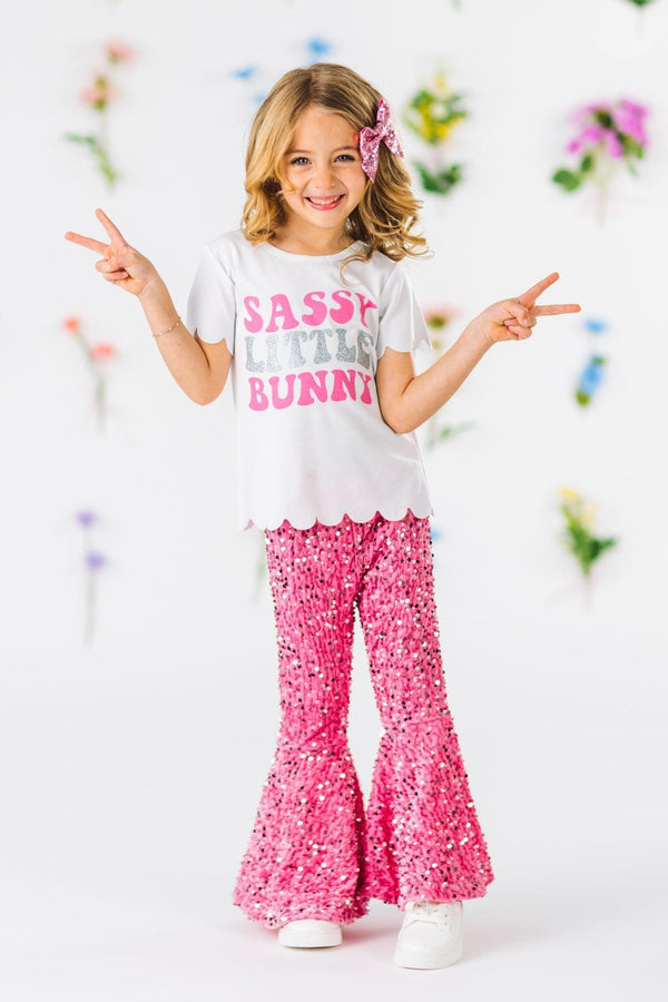 "Sassy Little Bunny" Pink Sequin Bell Bottom Set | Sparkle in Pink