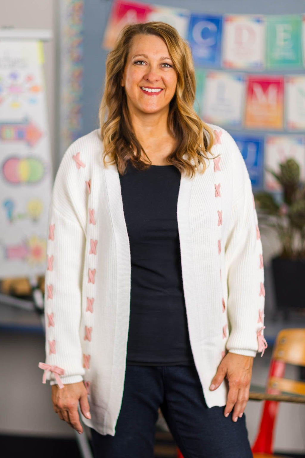 Mom & Me - Cream Lace-Up Bow Cardigan