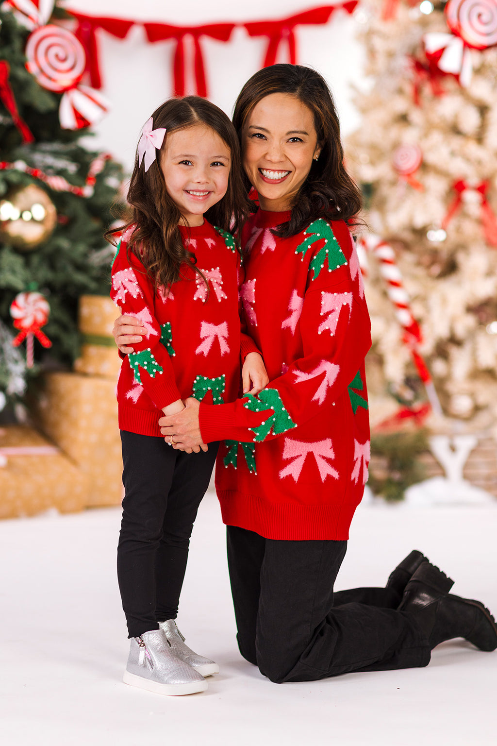 Mom & Me - Pink & Green Pearl Bow Sweater
