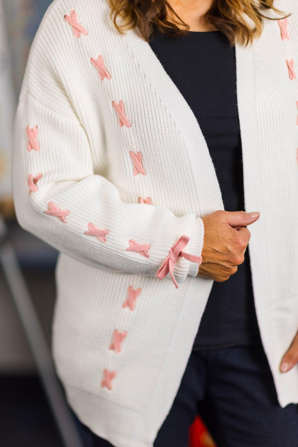Mom & Me - Cream Lace-Up Bow Cardigan