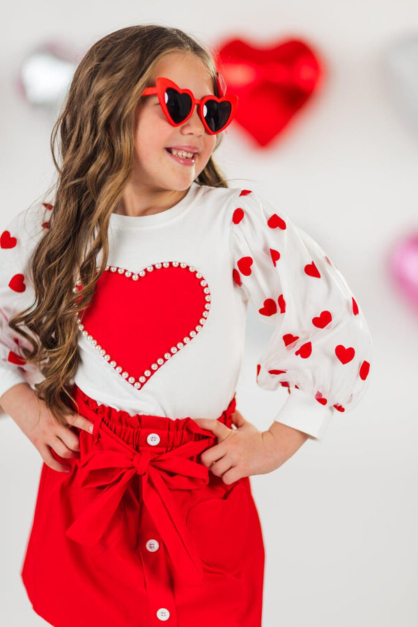 Hearts & Pearls Red Skirt Set or Onesie | Sparkle in Pink
