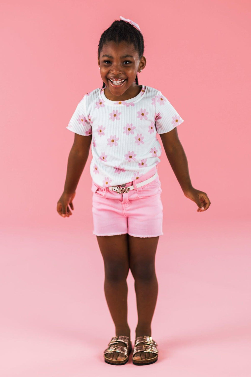 White & Pink Flower Print Denim Short Set | Sparkle in Pink