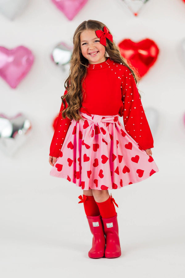 Red Pearl Sweater Hearts Skirt Set | Sparkle in Pink