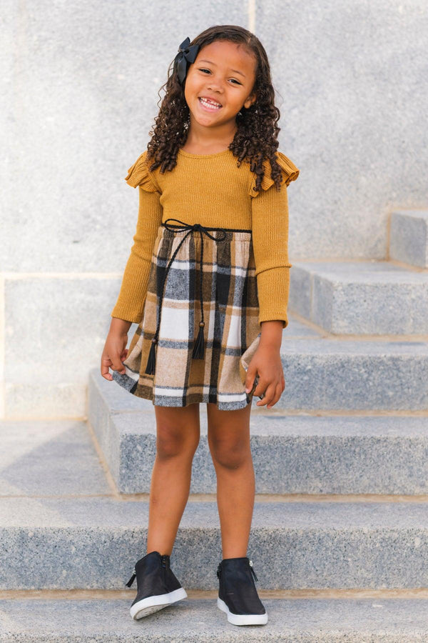 Tan Plaid Long Sleeve Dress | Sparkle in Pink