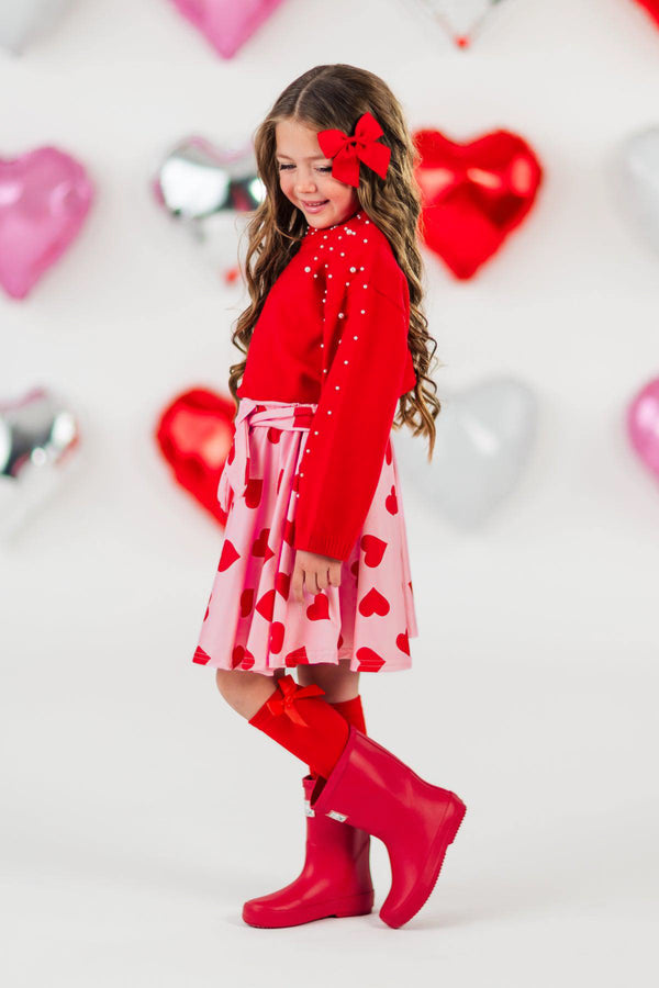 Red Pearl Sweater Hearts Skirt Set | Sparkle in Pink