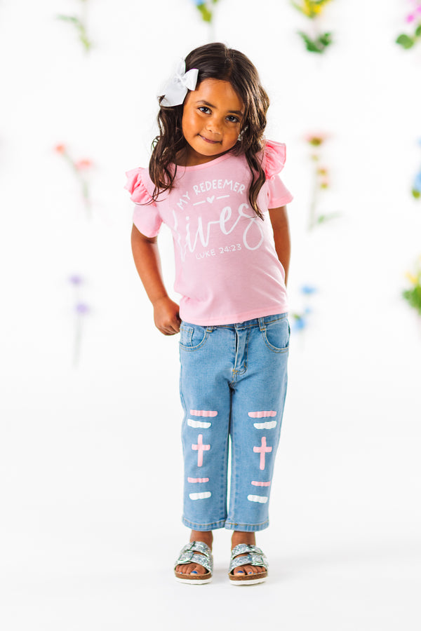 "My Redeemer Lives" Pink Denim Pant Set | Sparkle in Pink
