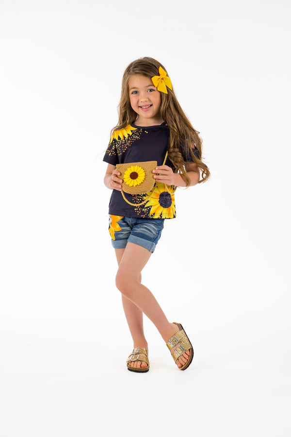 Sunflower Open Shoulder Denim Short Set - Sparkle in Pink