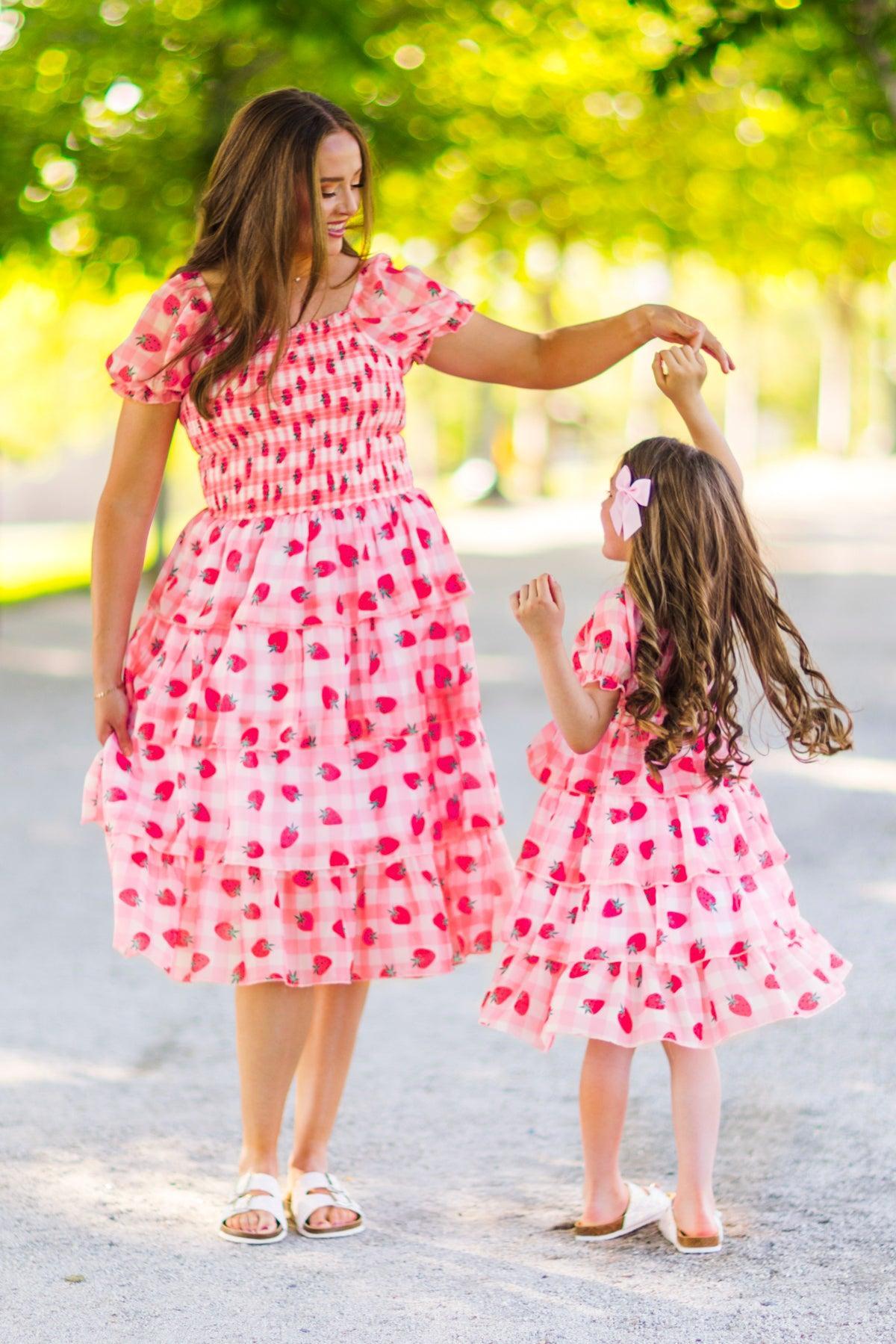 Mom & Me - Pink Gingham Strawberry Dress