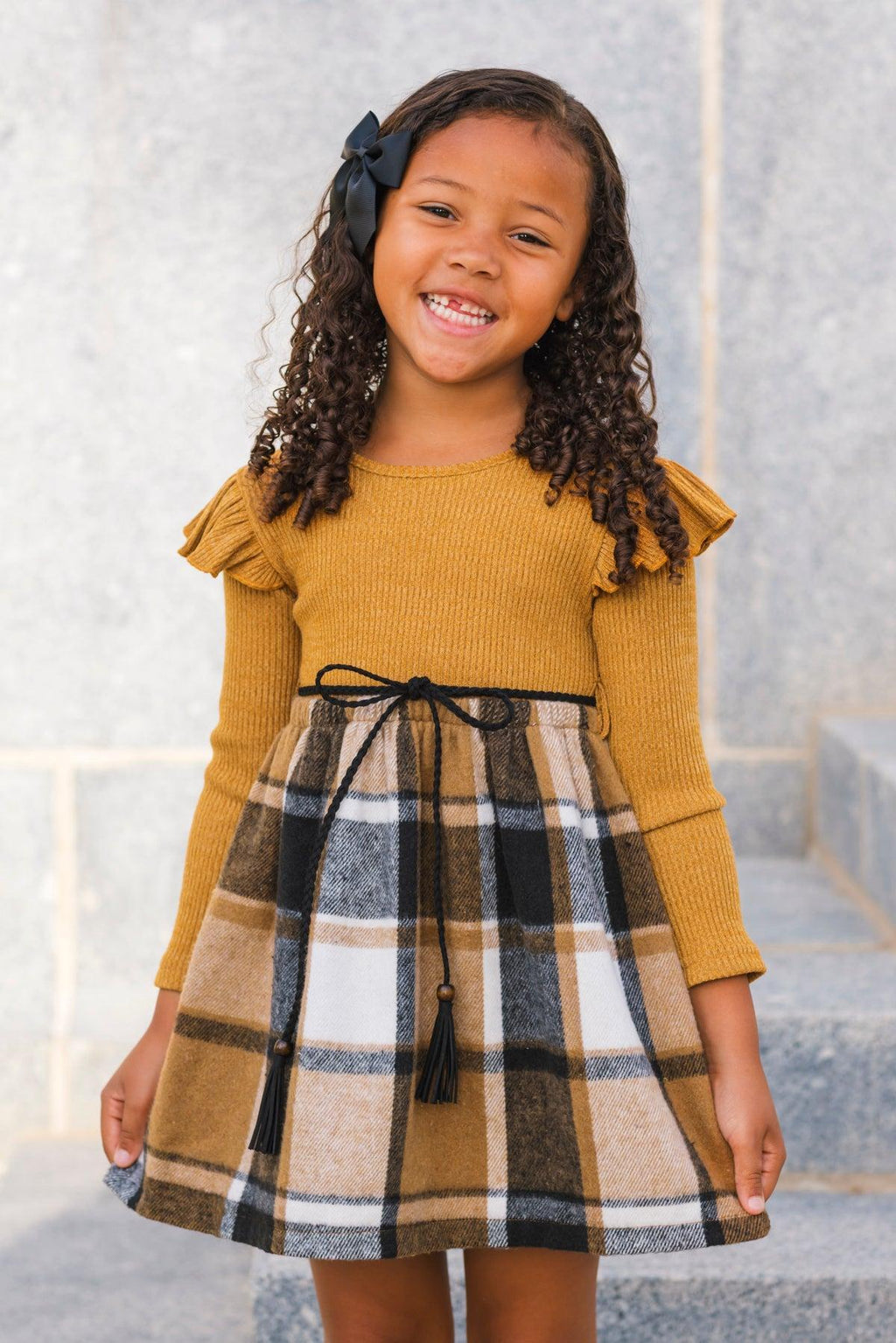 Tan Plaid Long Sleeve Dress | Sparkle in Pink