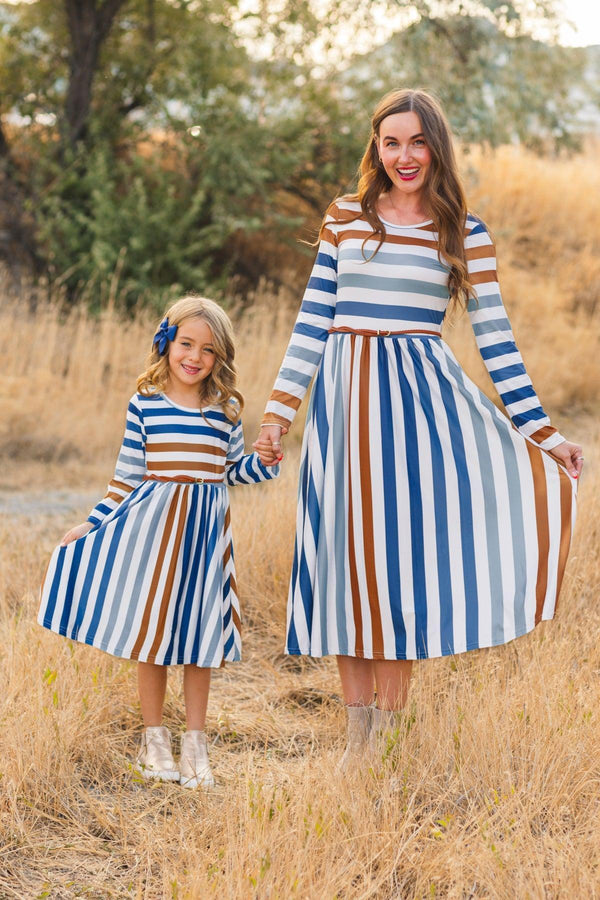 Mom & Me - Blue & White Striped Dress | Sparkle in Pink