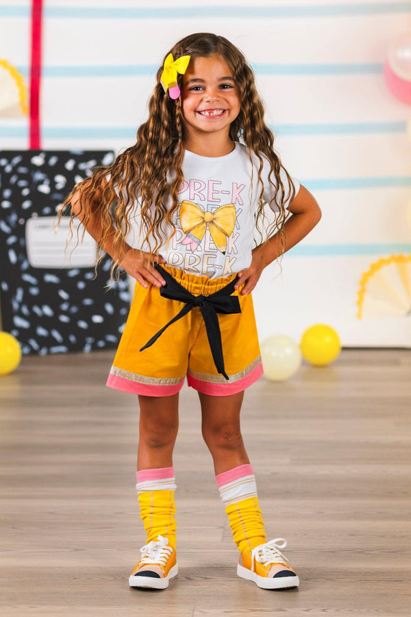"Pre-K - 6th Grade" Pencil Bow Short Set | Sparkle in Pink