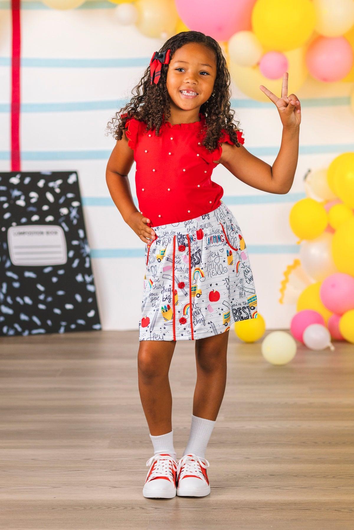 Red & White Pearl Doodle Skirt Set