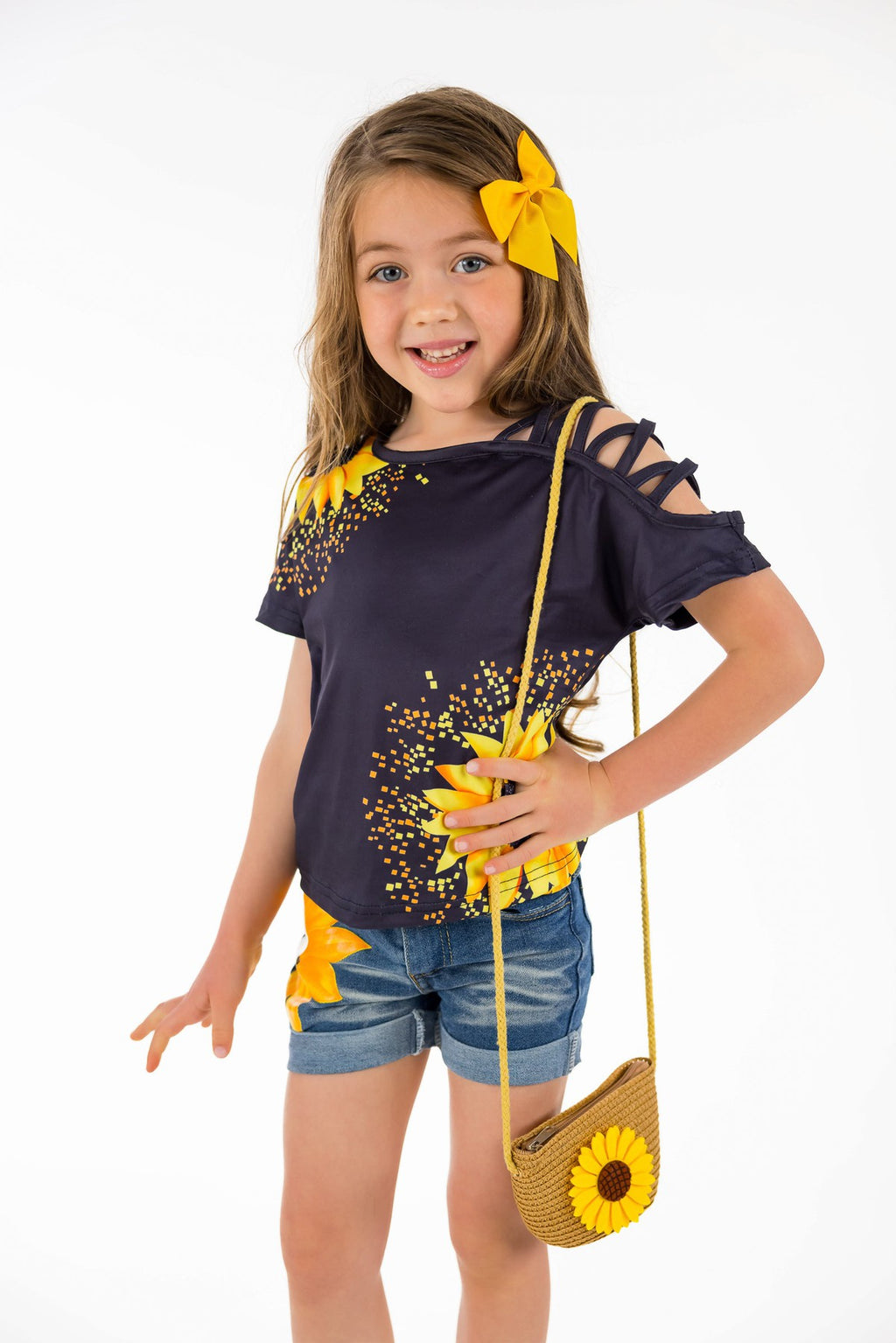 Sunflower Open Shoulder Denim Short Set - Sparkle in Pink