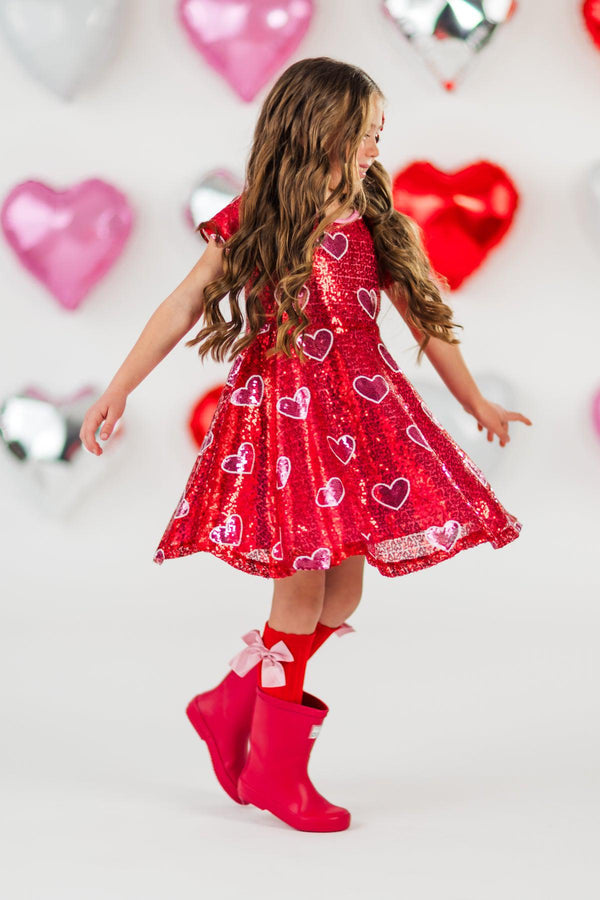 Red Sequin Hearts Dress | Sparkle in Pink