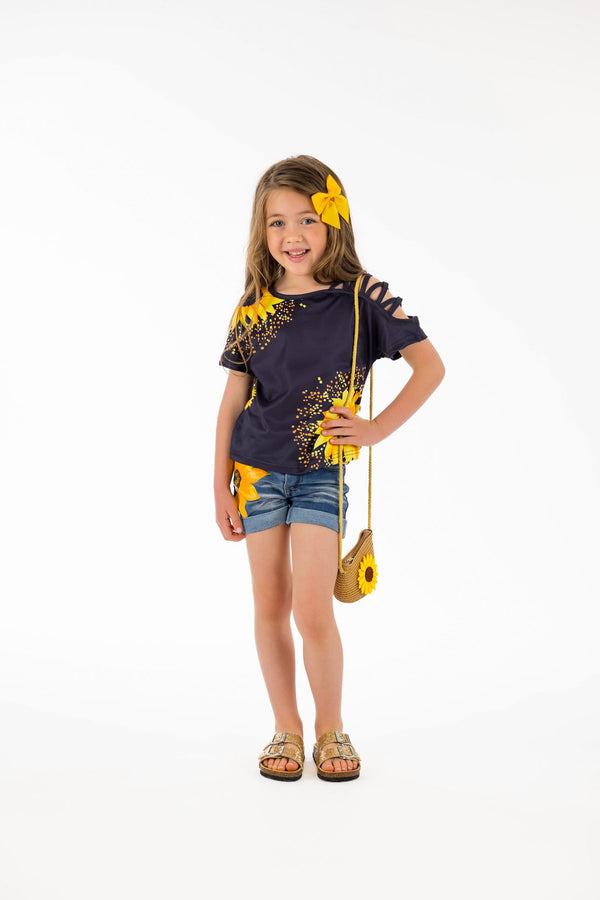 Sunflower Open Shoulder Denim Short Set - Sparkle in Pink
