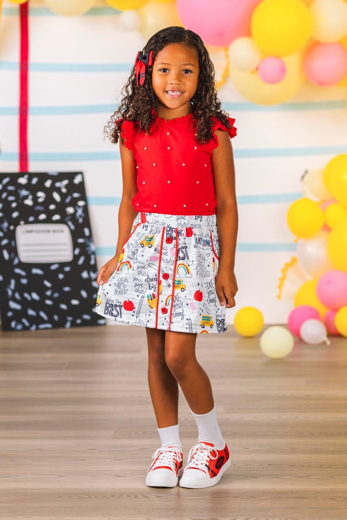 Red & White Pearl Doodle Skirt Set