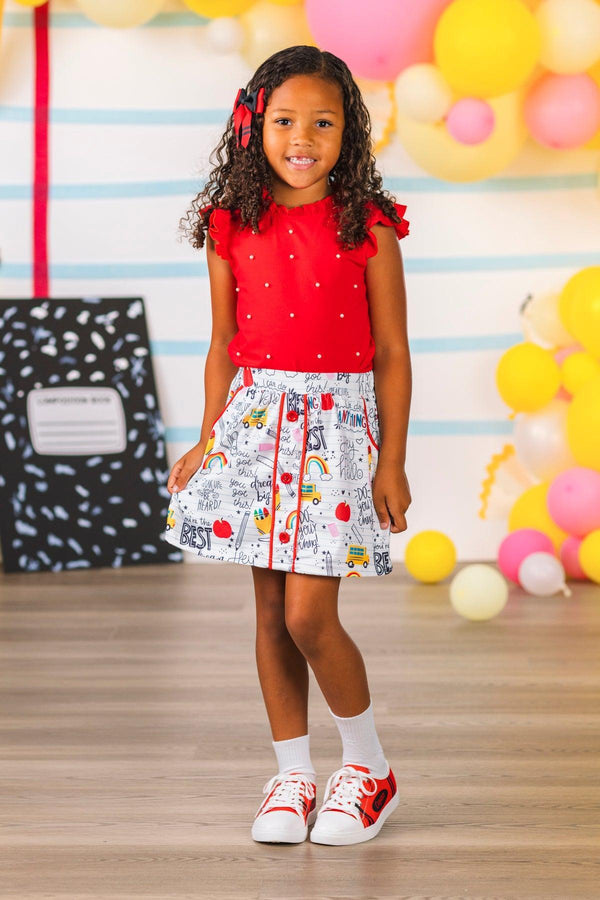 Red & White Pearl Doodle Skirt Set