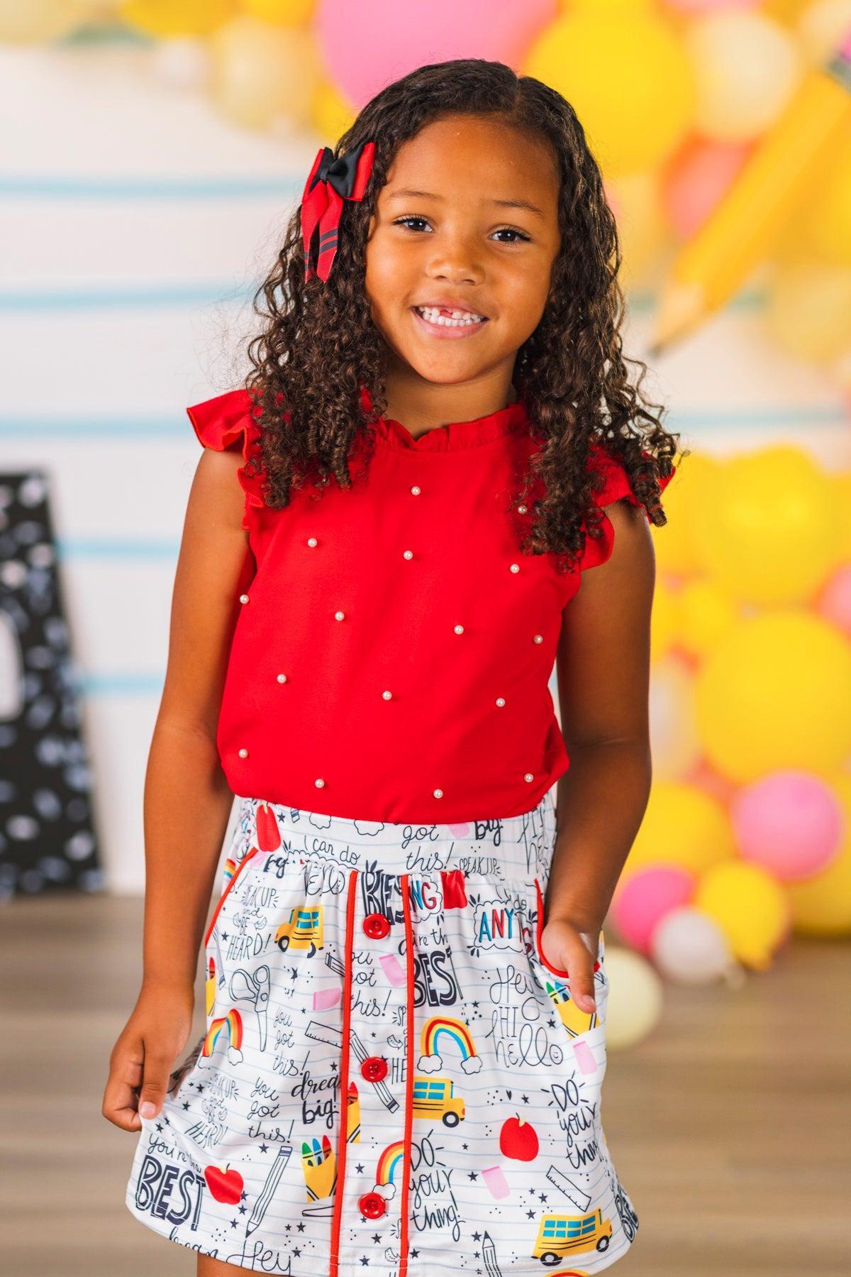 Red & White Pearl Doodle Skirt Set
