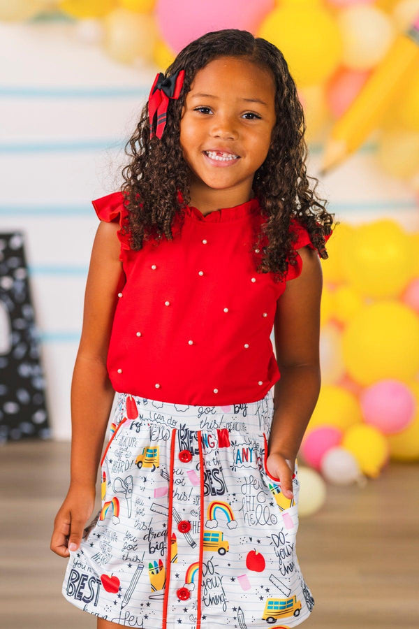 Red & White Pearl Doodle Skirt Set