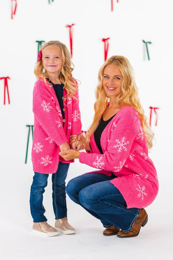 Mom & Me - Cozy Pink Snowflake Cardigan