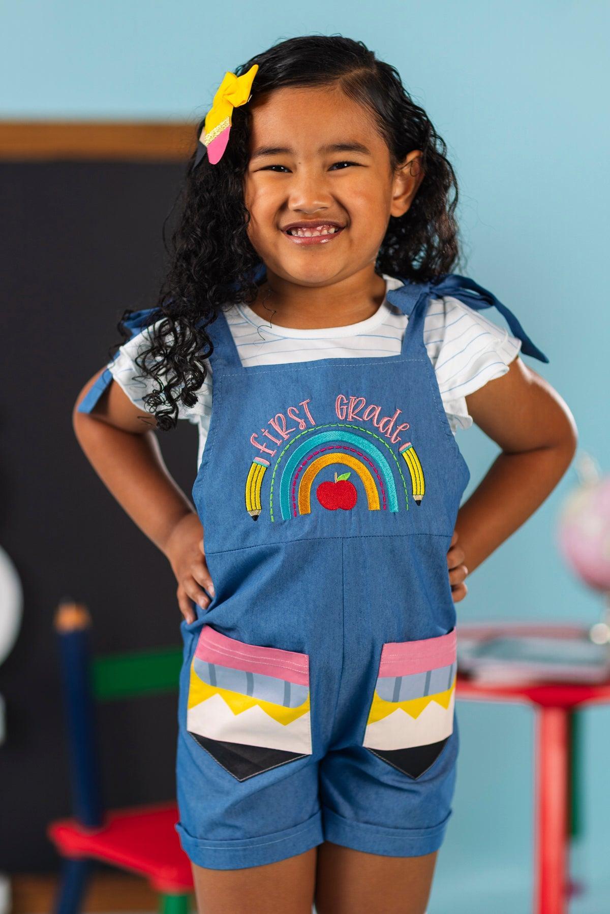 "Preschool - 6th Grade" Embroidered Romper Set