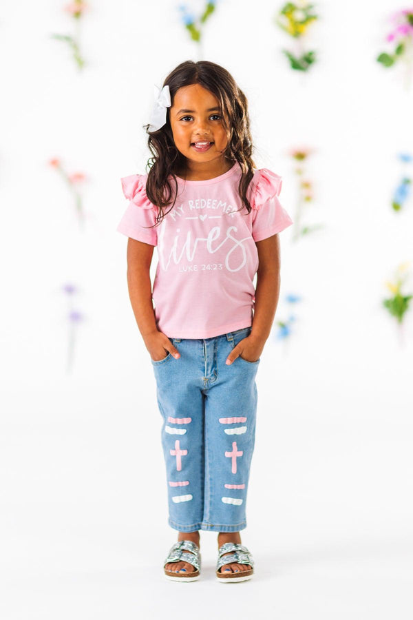 "My Redeemer Lives" Pink Denim Pant Set | Sparkle in Pink