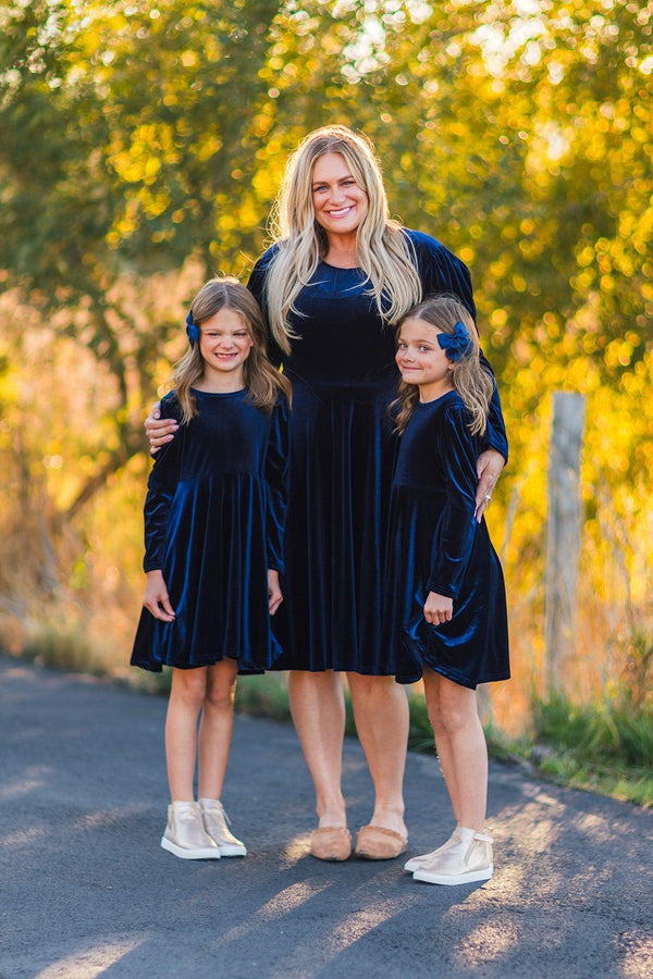 Family Navy Velvet Dress & Brown Gingham Button Down
