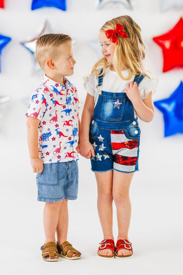 Stars & Stripes Sequin Denim Overalls | Sparkle in Pink