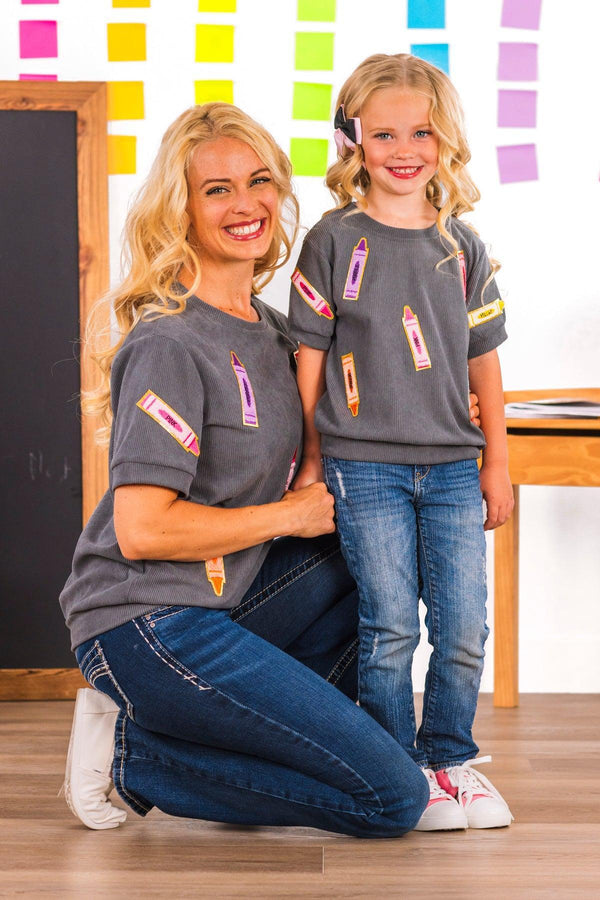 Mom & Me - Gray Corduroy Crayon Top | Sparkle in Pink