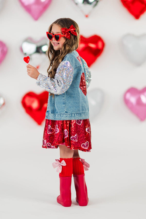 "Mini" Sequin Heart Denim Jacket | Sparkle in Pink