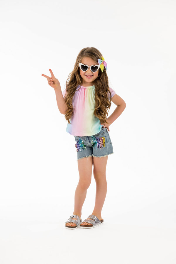 Pastel Rainbow Sequin Denim Short Set - Sparkle in Pink