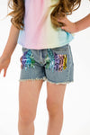 Pastel Rainbow Sequin Denim Short Set - Sparkle in Pink
