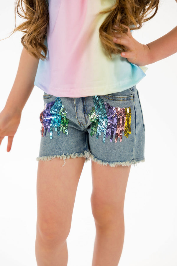 Pastel Rainbow Sequin Denim Short Set - Sparkle in Pink