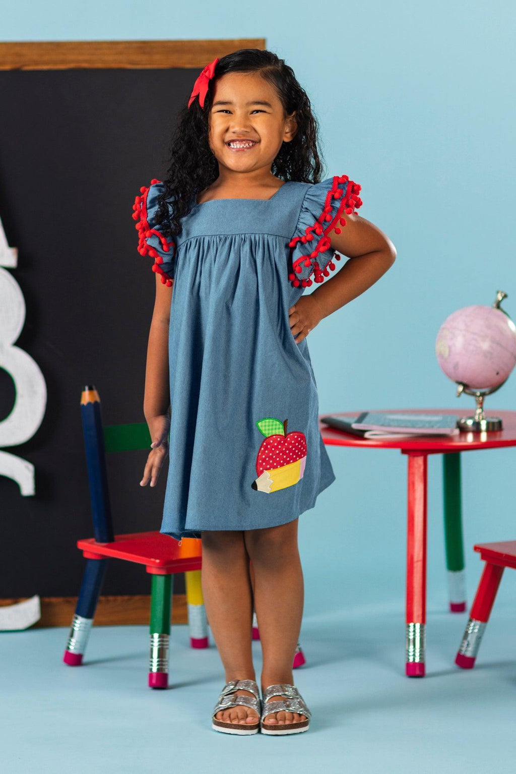 Apple Pom Pom Chambray Dress | Sparkle in Pink