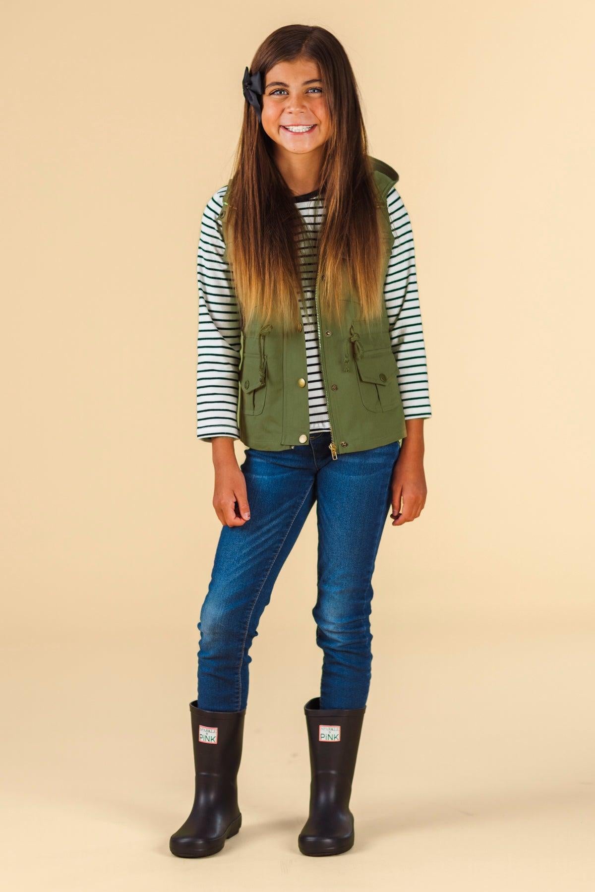 Olive Green Stripe Vest Set