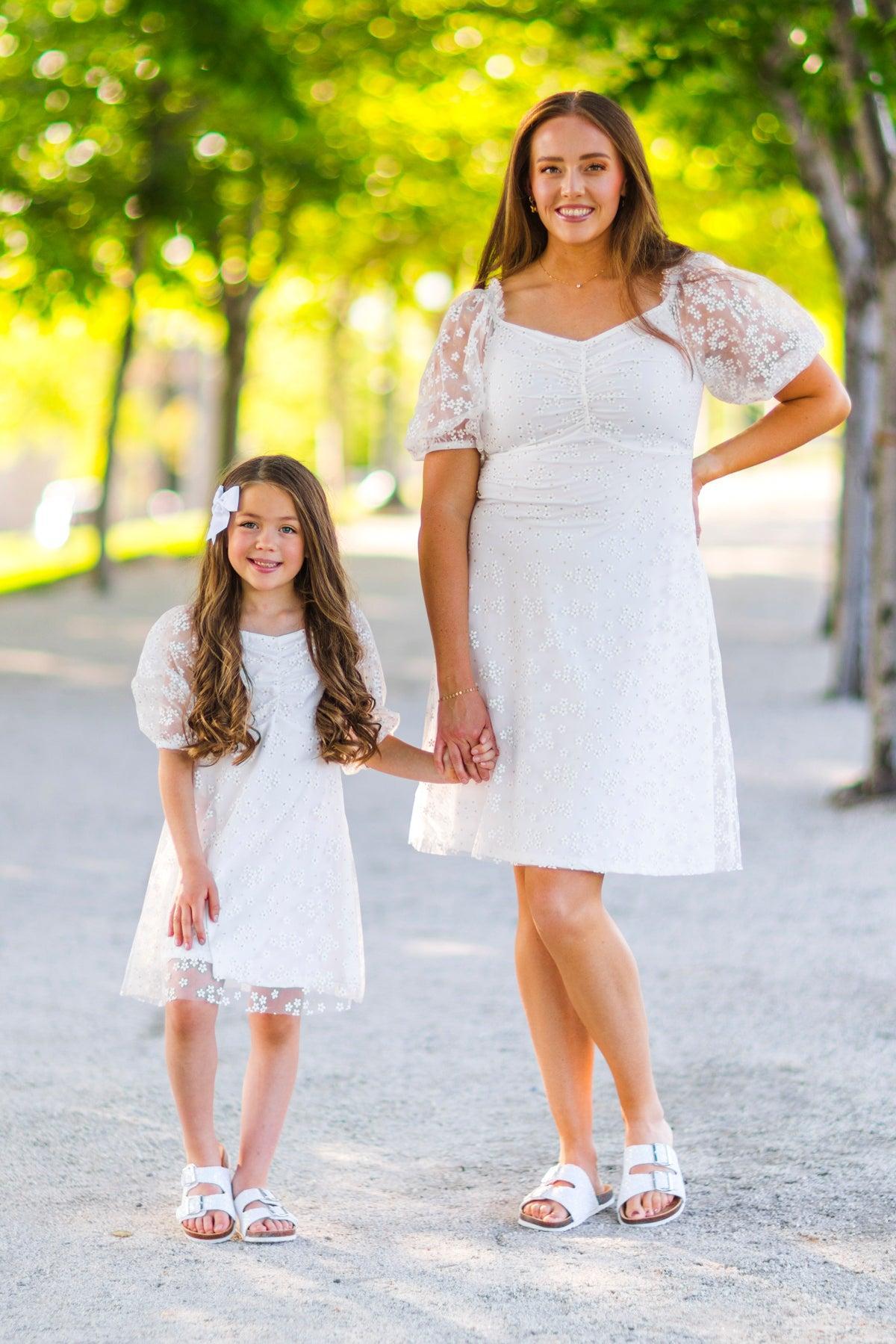 Mom & Me - White Glitter Daisy Tulle Dress