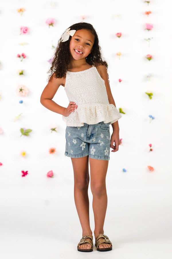 Crochet Lace Flower Denim Short Set | Sparkle in Pink